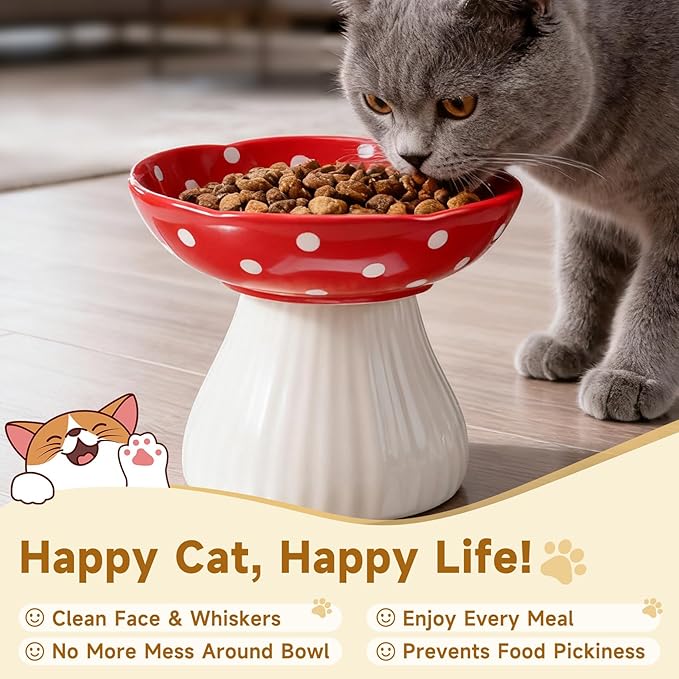 Mushroom Cat Bowl,Whisker Fatigue Cat Bowl,Cute Cat Bowls,Elevated Cat Food Bowl, Lead & Cadmium Free Ceramic Cat Bowls for Food and Water. (Red)