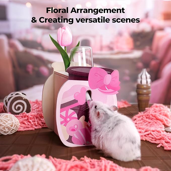 mini&moe Hamster Water Bottle for Glass Tank – 4 oz Guinea Pig Water Bottle No Drip for Hamster Cage Accessories Small Animal Water Dispenser with Wooden Holder for Rats, Gerbils