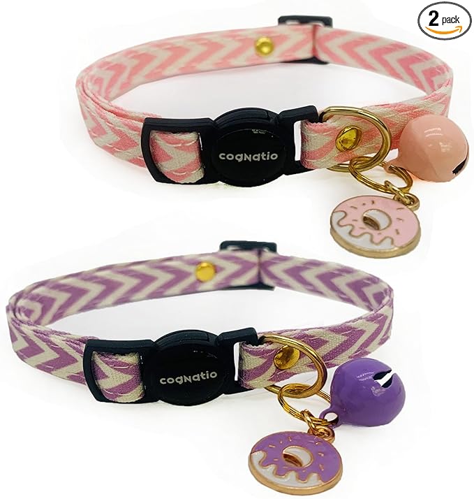 2 Pack Cotton Breakaway cat Collars with Bell,Safety Quick Release Pendant Cute Kitten Collar,Adjustable 20-30cm (Pink+Lilac, 20-30cm)