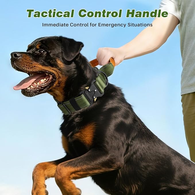 WINGOIN Tactical Dog Collar, Reflective Dog Collar with AirTag Holder for Large Dogs, Metal Buckle, Heavy Duty, Nylon Control Handle for Hunting, Training, Walking, Green,M