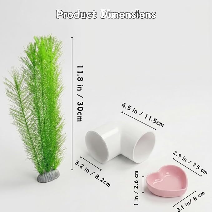 Axolotl Hide Tube with Feeding Dish & Silk Plant, 3-Piece Aquarium Set | Fish Tank Cave Decor for Axolotls, Shrimp & Small Fish, Includes Artificial Plant and Feeding Bowl (White, Large)