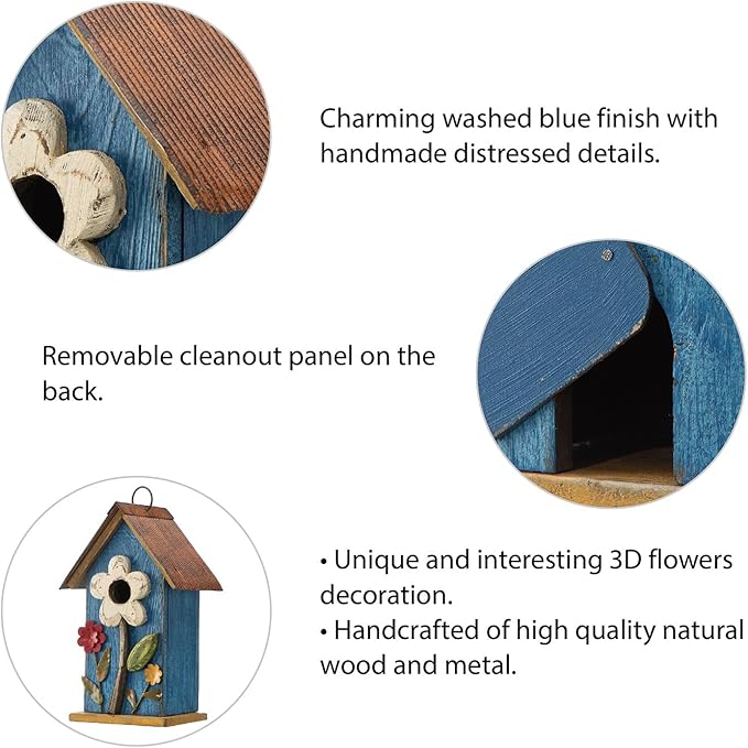 Glitzhome Hanging Bird House for Outdoor, 10.2" H Decorative Birdhouse Pet Cottage Distressed Wooden Bluebird House with 3D Flowers for Outdoor Patio Garden, Washed Blue