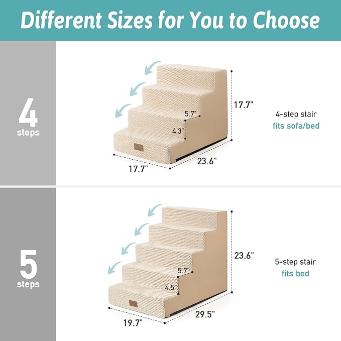 COZY KISS Dog Stairs for Small Dogs, 4 Tier Wider Pet Stairs for Couch and Beds, 17.7" H Non-Slip Dog Steps for Old Cats, Puppy, Small Medium Dogs, 17.7x23.6x17.7 inch, Beige