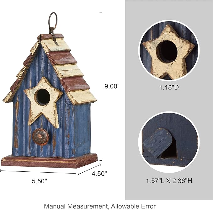 Glitzhome Birdhouses for Outdoors, 9" H Patriotic Hanging Bird House Distressed Solid Wood Cottage Design with 3D Star, Garden Birdhouse for Bluebird Hummingbird Wren Finch Cardinals Cedar