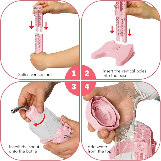 VANNON Pet Standing Water Dispenser Top Fill Dog Water Bottle Dispenser with Stand Leakproof Pet Slow Water Bottle for Small Animals, 13oz, BPA Free, Adjustable Height, Pink