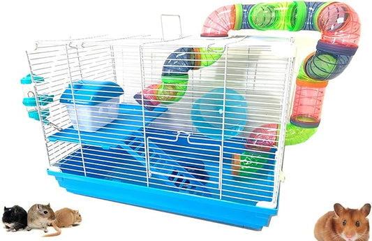 Mcage 2-Levels Hamster Habitat Home House Rodent Gerbil Mice Rats Animals Critters Cage Expansible and Customizable with Hide House Running Wheel Food Dish Water Drinking Bottle Deep Base