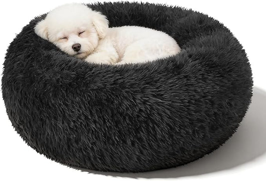 Dog Calming Beds for Small Medium Large Dogs - Round Donut Washable Puppy Dog Bed, Anti-Slip Faux Fur Fluffy Donut Cuddle Anxiety Cat Pet Bed(24'' Black)