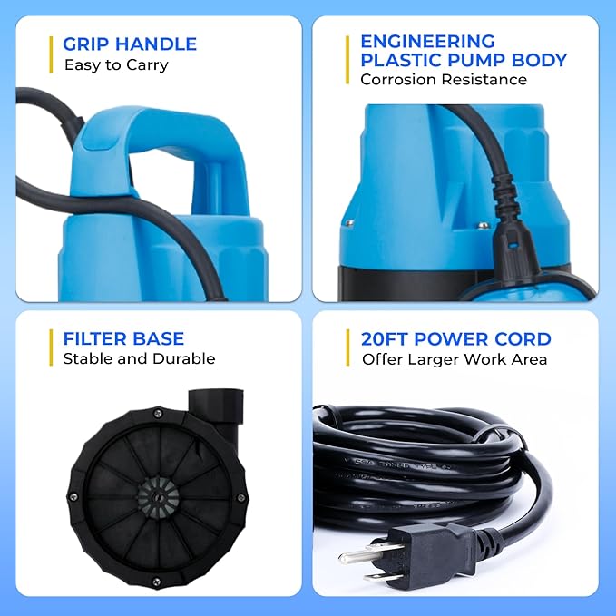 2/5HP Sump Pump 2640GPH Submersible Water Pump with Float Switch, Utility Pumps for Pool Draining, Basement Flooding, Garden Pond Low Water Level with 20ft Power Cord