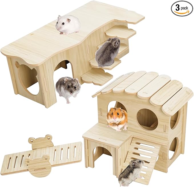 BNOSDM Hamster Tunnel Hideout Set, Wooden Hamster House Toy with Slide & Seesaw, Small Animals Cage Accessories for Syrian Dwarf Hamsters, Gerbils
