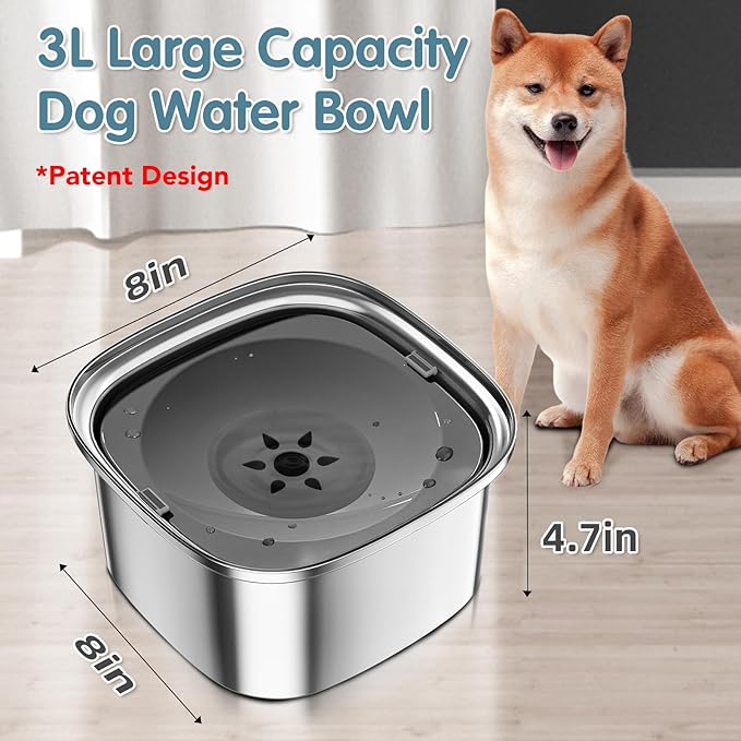 UPSKY 3L Dog Water Bowl 101oz Stainless Steel No Spill Large Capacity Dog Food Water Bowl Slow Water Feeder, Spill Proof Pet Water Dispenser Vehicle Carried Travel Water Bowl