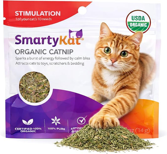SmartyKat Natural Catnip for Cats and Kittens, 100% Natural Cat Nip for Cats, Premium Dried Catnip for Indoor Cats, Positive Training Aid for Play and Exercise, 0.5 Ounces Pouch