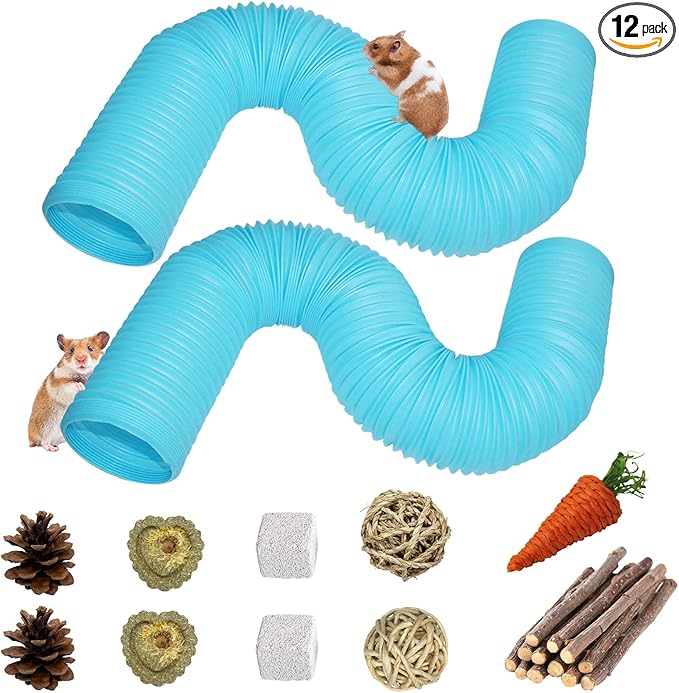 PINVNBY 2 PCS Hamster Tunnels,Plastic Ferret Tunnel,Guinea Pigs Tubes Hamsters Foldable Exercising Training Hideout Tube with 19 PCS Small Animals Toys for Mouse Gerbils Rats Mice(Blue)