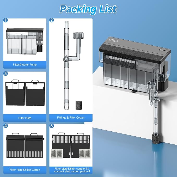 8W Aquarium Filter, 211 GPH Hang-On Waterfall Filter with Skimmer | Designed for low-noise filtration in 7-26 gal tanks, with adjustable flow, surface skimming, and reusable sponge media