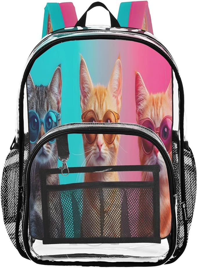 Three Cool Cats Clear Backpack with Back Print, Heavy Duty See Through Backpacks PVC Transparent Daypack for Travel Security