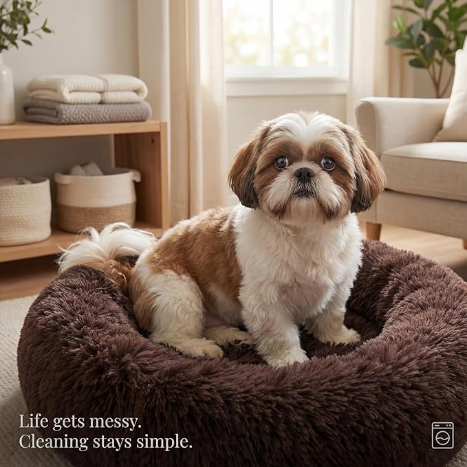 Calming Donut Dogs Beds for Small Dogs Washable,23inch Plush Round Pet Bed for Cozy Sleep,Fluffy Faux Fur Large Cat Bed,Fits up to 25 lbs Pets,Chocolate Brown