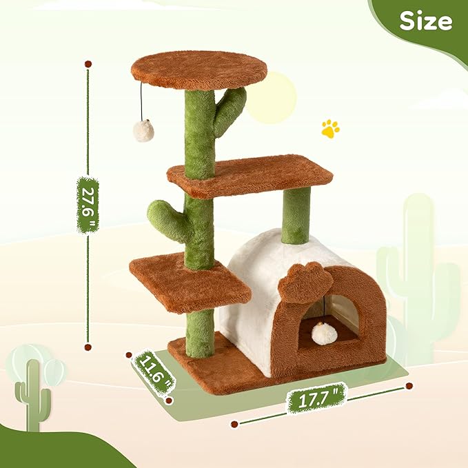 Cactus Cat Tree for Indoor Cats with Cozy Condo Wide Top Perch 27.5", Multi-Level Cat Tower with Climbing and Lounging Space Plush, Toy Ball, Brown