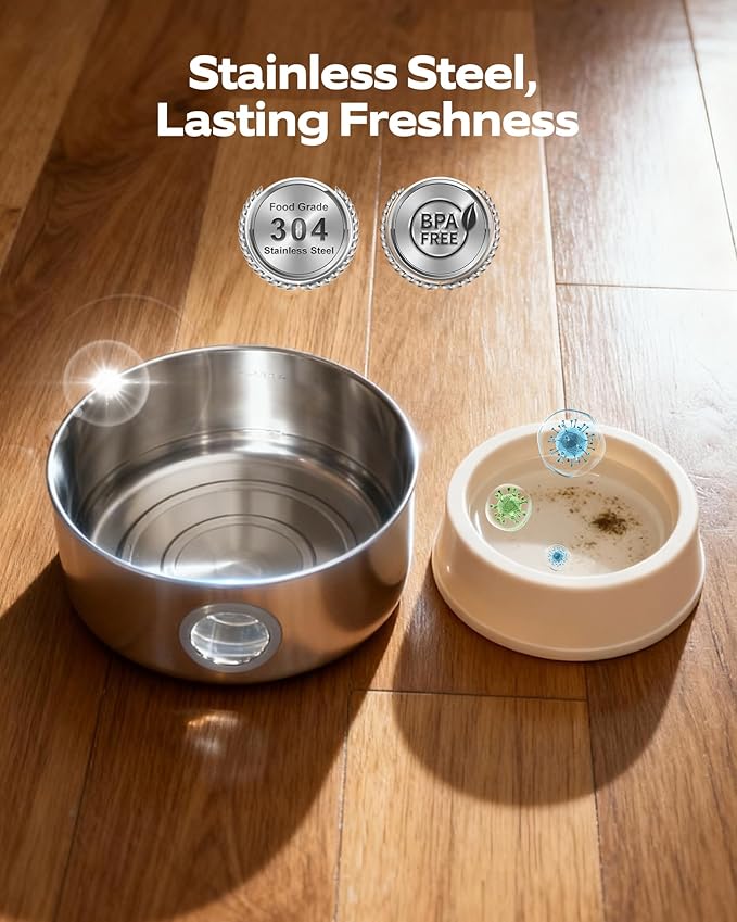 Cordless Cat Water Fountain Wireless: Battery Powered Pet Water Fountains for Cats Indoor with 8 Filters & 8 Sponges - 2.6L Rechargeable Kitty Water Fountain Stainless Steel with Water Level Window