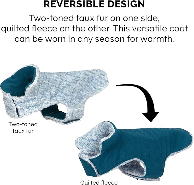 Furhaven Reversible Small Dog Coat, Washable & Insulating w/ Leash Access - Two-Tone Faux Fur & Quilted Fleece Flex-Fit Jacket - Marine Blue, Small
