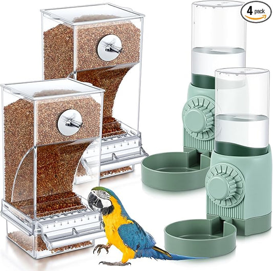 Jingmore 4 Pcs No Mess Small Bird Feeder Parakeet Water Dispenser Set Automatic Clear Parakeet Feeder Acrylic Watered Cage Accessories for Canary Budgie Lovebirds Finches(Green)