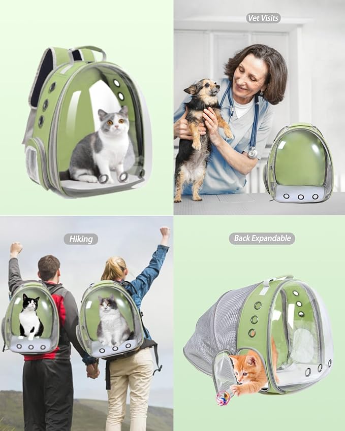 Pet Carrier Backpack Expandable for Cats and Small Dogs, Breathable Anti-Collapse Design, Airline Approved Travel Backpack for Hiking and Outdoor Use (Back Expandable-LightGreen)