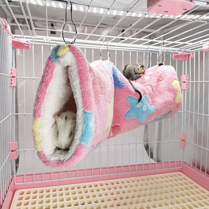 LEFTSTARER Guinea Pig Accessories Sugar Glider Cage Accessories Hamster Rat Toys Ferret Hammock Hanging Tunnel for Small Animals （Pink-Star）