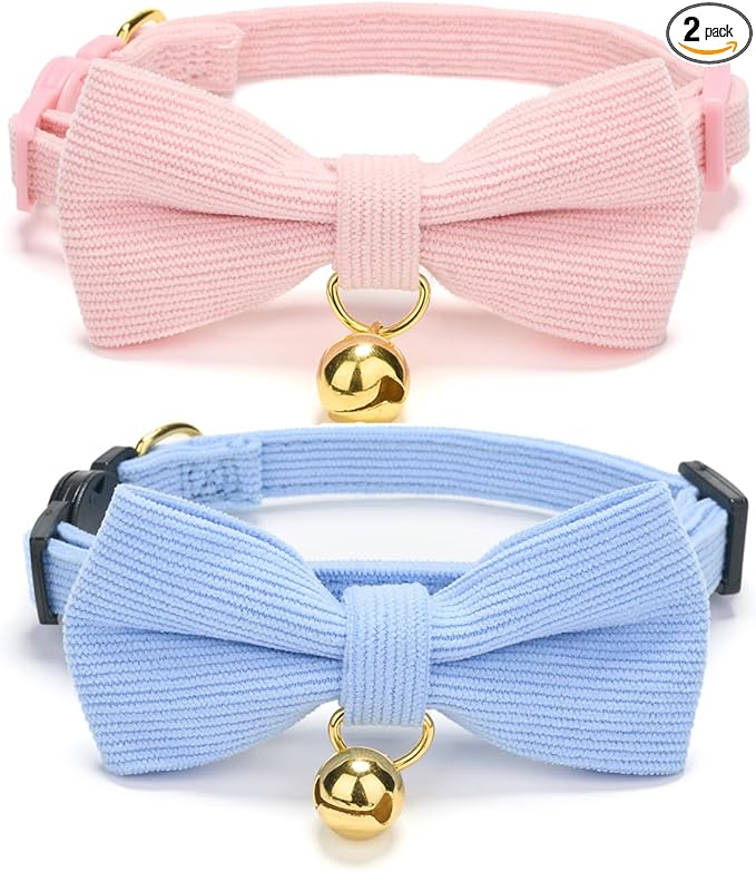 2 Pack Soft Corduroy Cat Collars with Bow Tie & Bell, Adjustable Breakaway Cotton Kitty Bowtie Collar for Girl Boy Kitten (Pink & Blue)