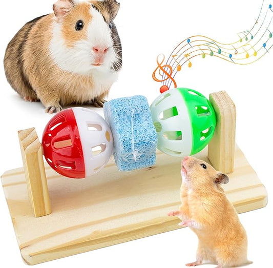 Hamster Enrichment Bell Ball Toys, Natural Guinea Pig Chewing Calcium Stone for Teething, Interactive Wooden Small Anima Cage Toys for Rats, Syrian & Dwarf Hamsters Playing Teeth Grinding