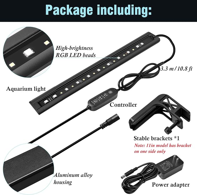 HITOP 11in Slim Aluminum Alloy Aquarium LED Light, Full Spectrum with Day/Night Mode & Timer, 10-Level Brightness, Adjustable Lighting for Planted Tank & Fish Tank Freshwater Fish