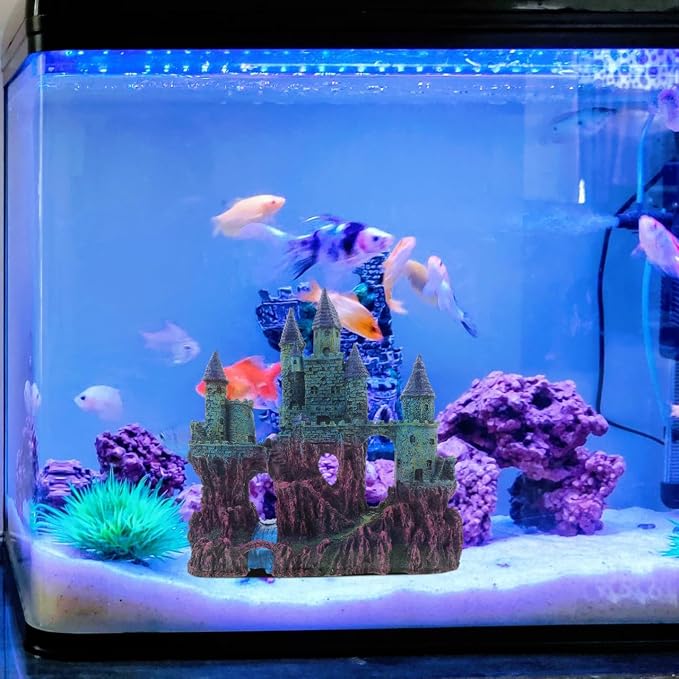Ipetboom Fish Tank Landscaping Castle Miniature Ornaments Aquarium Ornament Aquarium Castle Decor Simulation Rockery Castle Decor Amphibian Hideout House Statue Set Resin Earth Tones