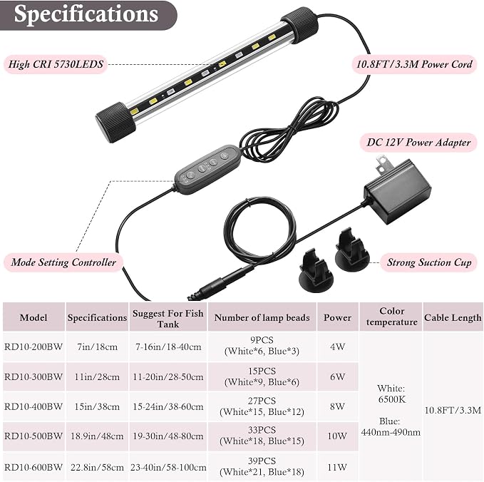 Dirvin LED Fish Tank Light with Timer, 24/7 Mode & 3 Color Aquarium Light | Submersible Adjustable Brightness, IP68 Waterproof, Sunrise-Daylight-Moonlight, Auto On/Off for fresh and salt water, 4W