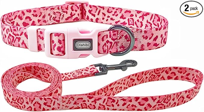 Dog Collar Leash Set, Leopard Pattern, Polyester Material, Adjustable Collar and 5ft Matching Leash, for Small Dogs.(S, Pink Leopard)