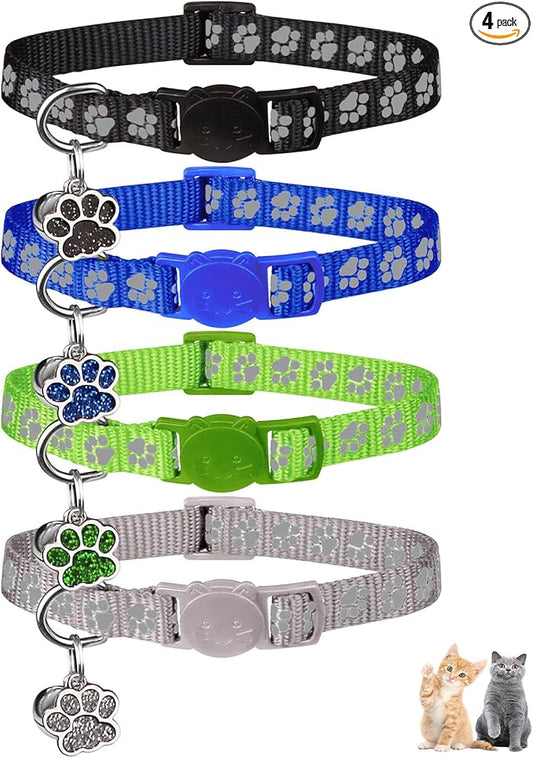 4PCS Breakaway Cat Collars,Reflective Cat Collar with Bells,Kitten Collars for Boy&Girl Cats Breakaway Collar for Cats with Paw Pendant 7.5-12.6 Inch(Black+Blue+Green+Grey)