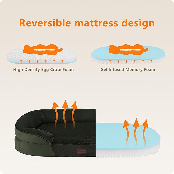 Dwanton Orthopedic Dog Bed for Extra Extra Large Dogs with Gel Memory Foam, Waterproof Dog Sofa, Washable Pet Bed with Four Sided Bolster Cushion, Removable Cover & Non-Slip Bottom, 48", Green