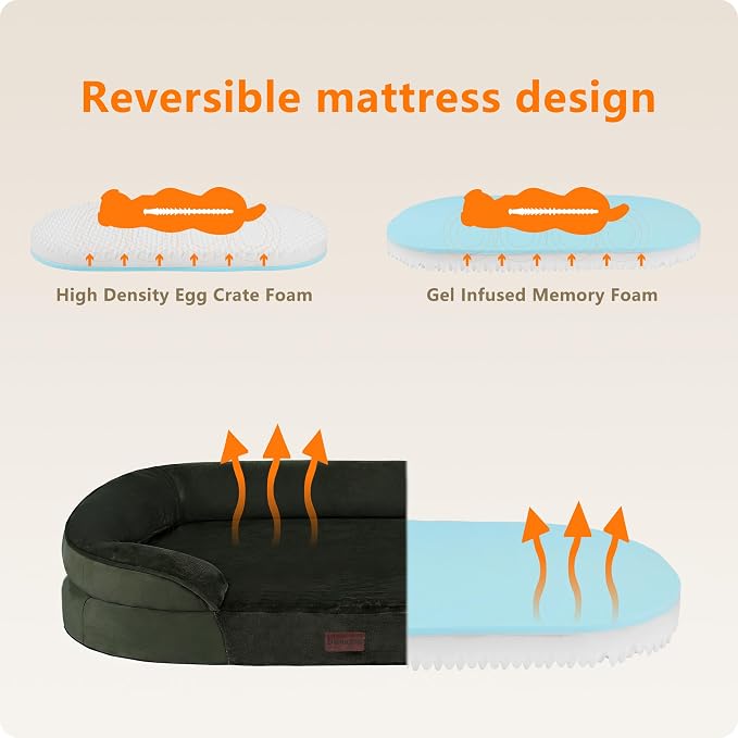 Dwanton Orthopedic Dog Bed for Medium Dogs with Gel Memory Foam, Waterproof Dog Sofa, Washable Pet Bed with Four Sided Bolster Cushion, Removable Cover & Non-Slip Bottom, 28", Green