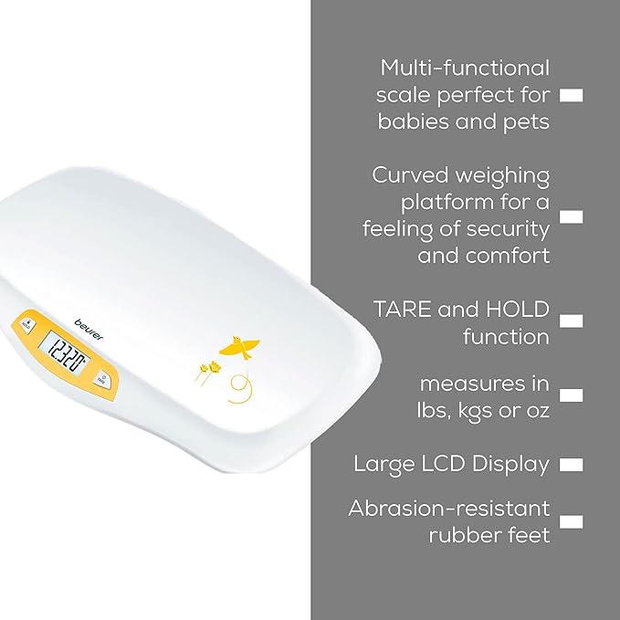Beurer BY80 Digital Baby Scale, Infant Scale for Weighing in Pounds, Ounces, or Kilograms up to 44 lbs, Newborn Baby Scale with Hold Function, Pet Scale for Cats and Dogs
