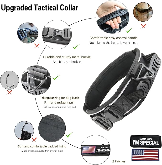 2.5" Tactical Dog Collar for Large Dogs, Adjustable Heavy Duty Military Nylon Dog Collar with Reflective Stitching & Padded Handle for Hiking/Running/Training (Black, L,XL)