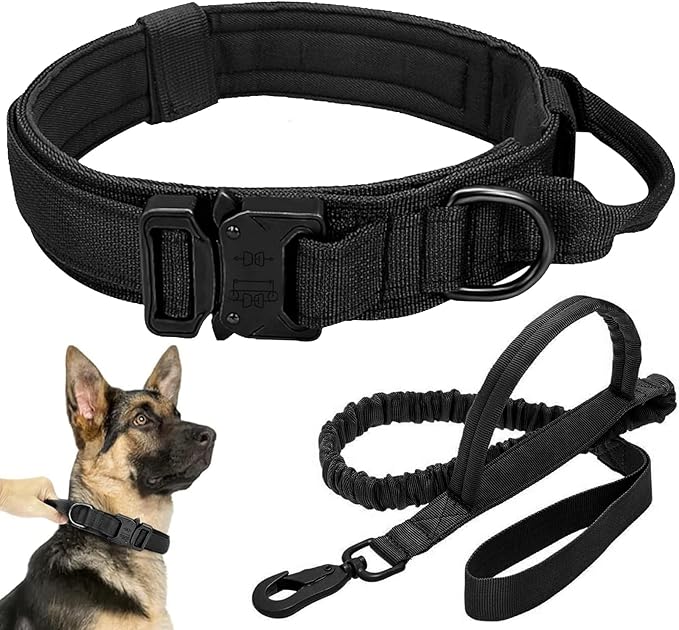 Tactical Dog Collar Leash Set, Adjustable Military Training Nylon Collar Dog Training with Control Handleand Metal Buckle, Dog Collar for Medium Large Dogs (Black,XL)