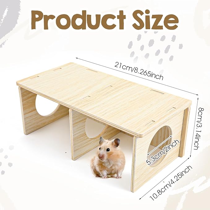 Wooden Hamster Hideout, 2 Chamber Hideout Tunnel Exploring Toy with Peep Windows Wood Cage Accessories for Gerbils Mice Rats