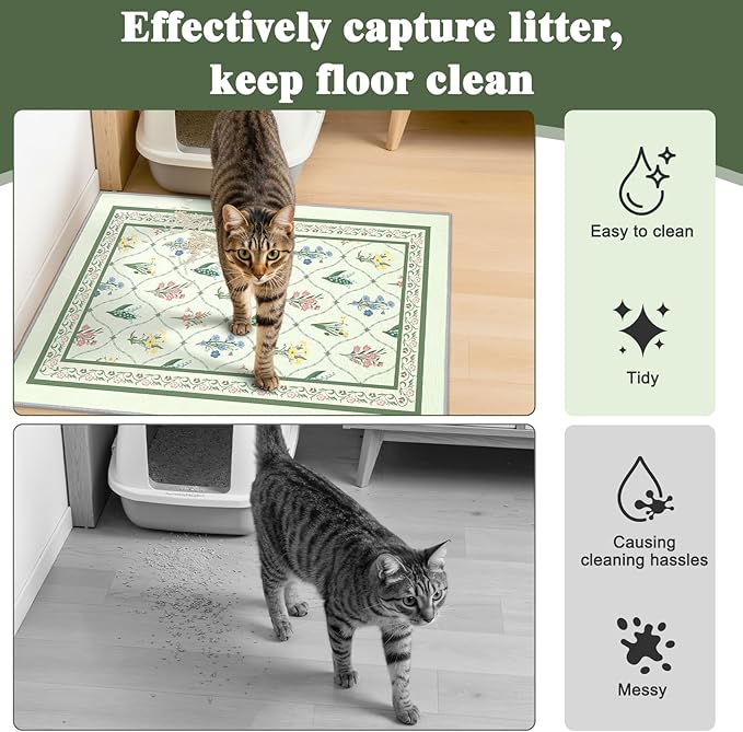 Bienbee Cat Litter Mat, 2PCS 33"x22" Machine Washable Litters Box Mats Non-Slip &Waterproof Cat Litters Trapping Mats Easy to Clean Mat for Litter Box Less Waste Protects Floors Bean Green Branch L