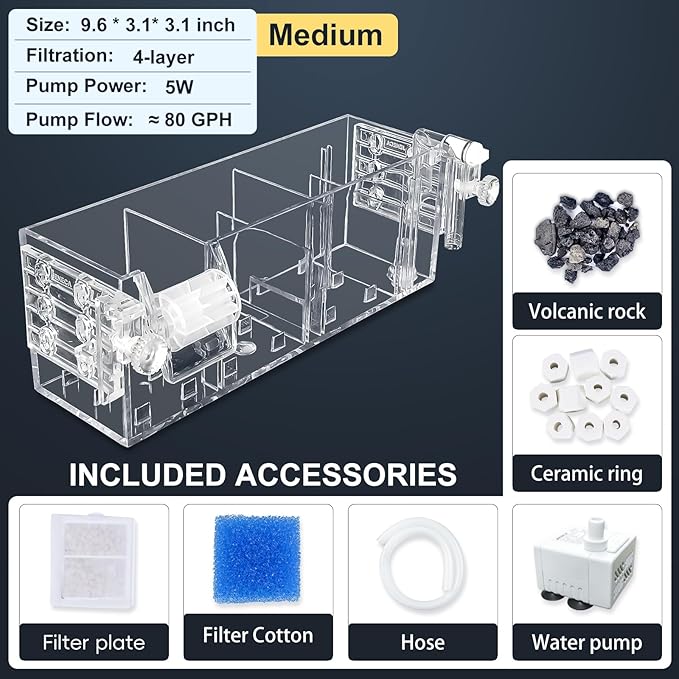 Premium Multi-Layer Aquarium Filter for 5 to 30 Gallon Fish Tanks: Oxygenating Water Wheel, Low-Noise Operation, Dual-Sided Suspension, Transparent