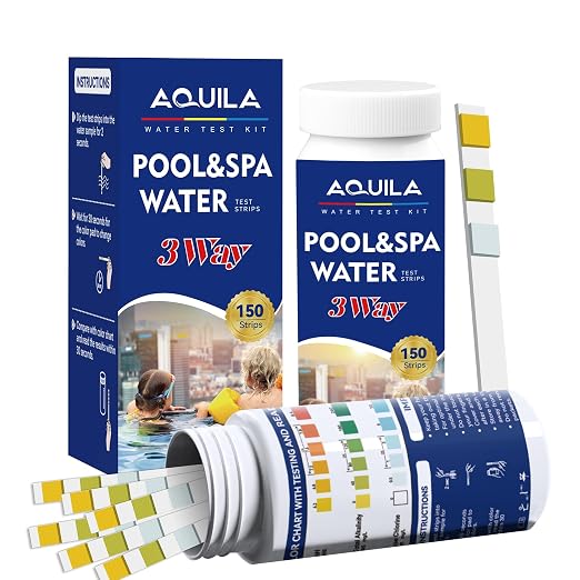 A QUILA Pool Water Test Strips Kit, 3 Way 150CT Spa Test Strips for Hot Tub | Swimming pool chemical test kit for above-ground underground pool water testing pH, Alkalinity, Chlorine