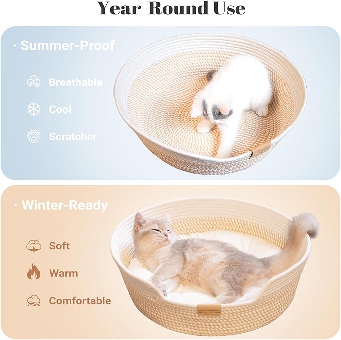 CHEERHOME PETS Cat Bed Basket with Cushion, Cotton Rope Woven Pet Bed for Indoor Cats Couch, Stimulicat Cat Bed Handwoven Breathable, All Season Universal (White)