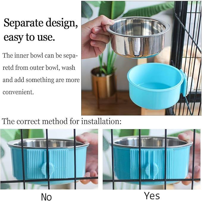 kathson Crate Dog Bowl, Removable Stainless Steel Hanging Pet Cage Bowl Food & Water Feeder Coop Cup for Cat, Puppy, Birds, Rats, Guinea Pigs (6 PCS, Size: L, 2×Blue,2×Green,2×Pink)