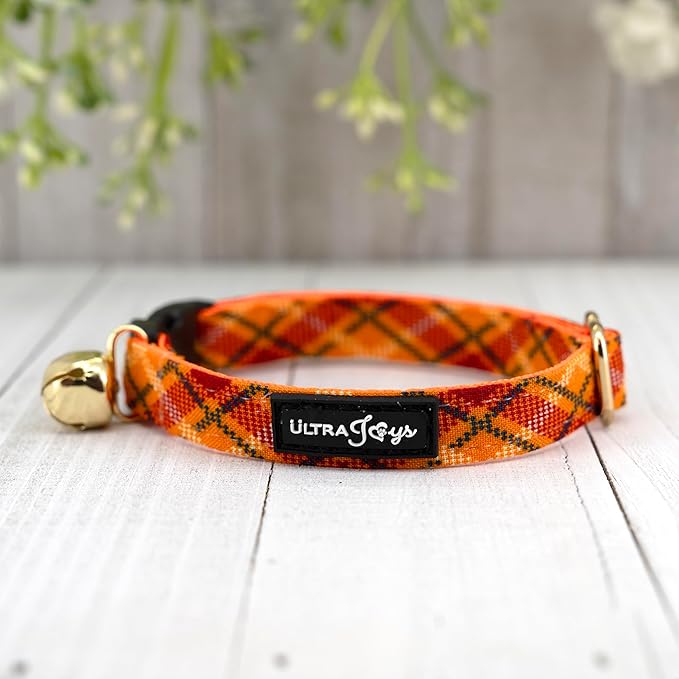 Ultra Joys Cat Collar with Bells - Breakaway for Kittens & Cats - Orange Plaid Small