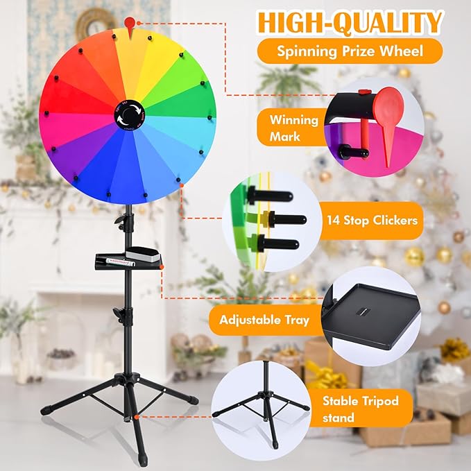 24 Inch Prize Wheel Spinner with Stand, Ajustable 34"-63" Height Heavy Duty Spinning Wheel for Prizes, Spin The Wheel Game with Stand for Tabletop or Floor, Suitable for Trade Show, Family, 14 Colors