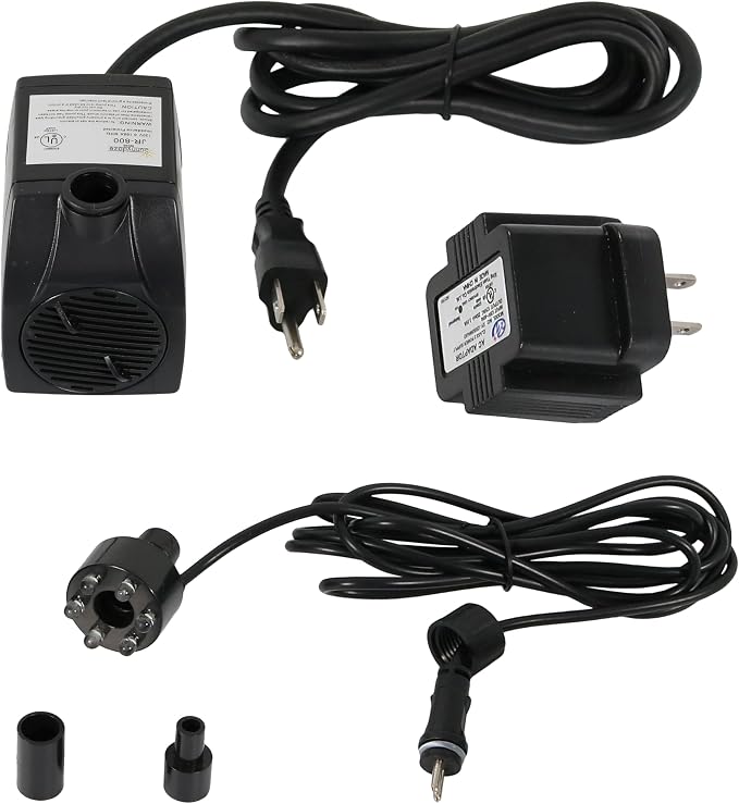 Sunnydaze 200GPH Submersible Fountain Pump with White LEDs & Transformer | 12V Small Fountain Pump with Adjustable Flow, Hose Adapters, 6' Cord, 4.3' Lift, Water Pump for Fountain, Bird Bath, Aquarium