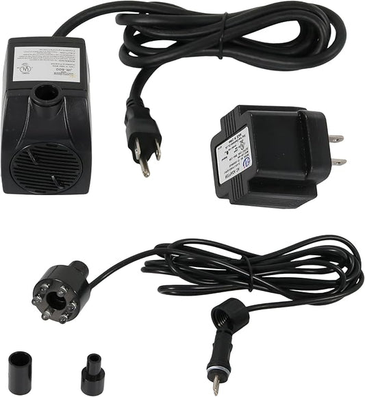 Sunnydaze 200GPH Submersible Fountain Pump with White LEDs & Transformer | 12V Small Fountain Pump with Adjustable Flow, Hose Adapters, 6' Cord, 4.3' Lift, Water Pump for Fountain, Bird Bath, Aquarium