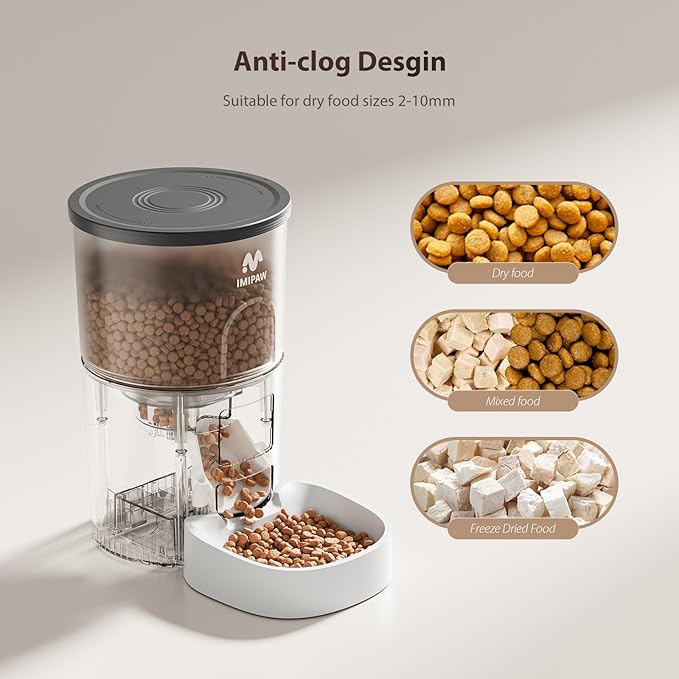 IMIPAW Automatic Cat Feeder and Water Fountain, Timed Dry Food Dispenser, Programmable Portion Control, 1-6 Meals Per Day, Desiccant Bag, Cat Fountains for Drinking with Filter, Small Pets (3L Combo)