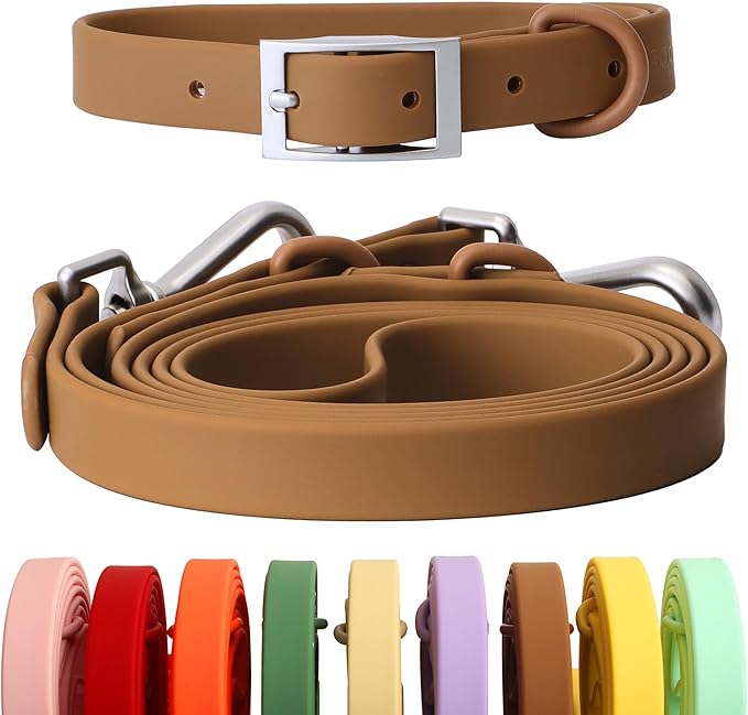 Dog Collar and Leash Set, Durable Waterproof Dog Leashes Collars, 5 Length Setting Adjustable Dog Collars for Large Medium Small Dogs (Brown, M)