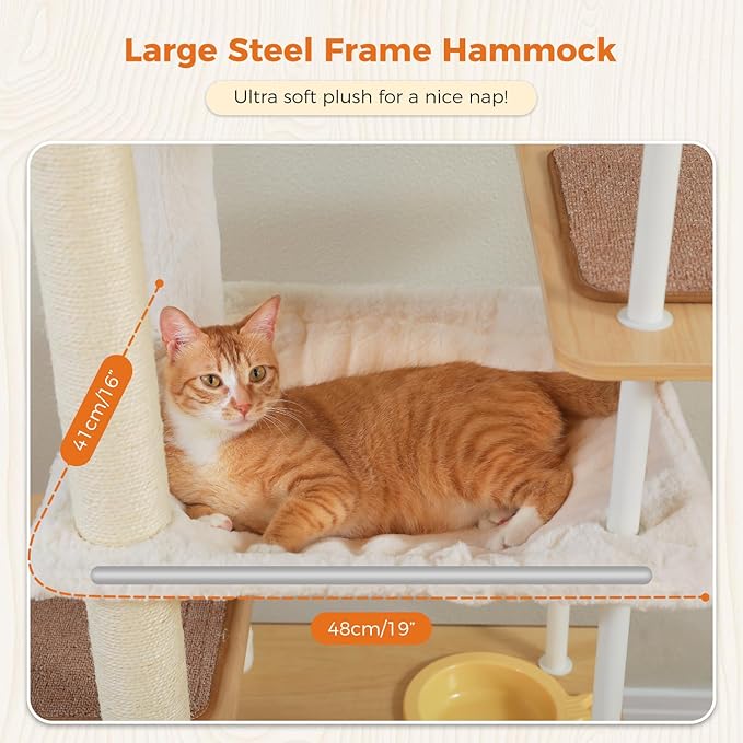PAWZ Road Large Cat Tree with Food Station, 74.8 Inches Wooden Tall Cat Tower with Extra Large Condos and Hammocks,Spacious Perch,Sisal and Steel Posts, Scratching Mat for Indoor Adult Cats-Beige